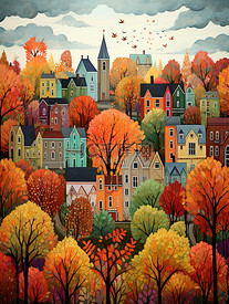 秋天的城市树木环绕的卡通小镇10