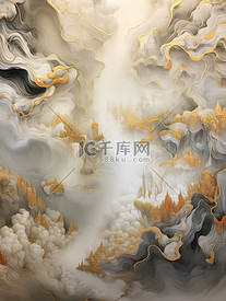奢华金色笔触抽象中国山水画19