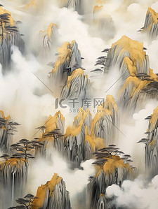 金色奢华插画图片_奢华金色笔触抽象中国山水画16