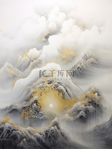 金色奢华插画图片_奢华金色笔触抽象中国山水画1