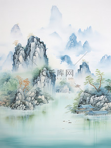 平静插画图片_金色的中国建筑平静的山水诗意14