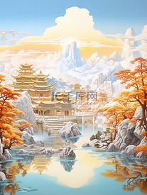 金色的中国建筑平静的山水诗意2