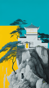 色拼插画图片_绿松石与柠檬黄配色国风中式庭院风景