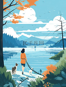 湖边散步插画图片_女人和狗在湖边散步插图8