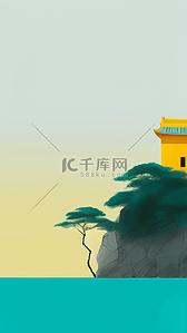 色拼插画图片_绿松石与柠檬黄配色国风中式庭院风景