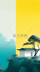 简约撞色插画图片_绿松石与柠檬黄配色国风中式庭院风景