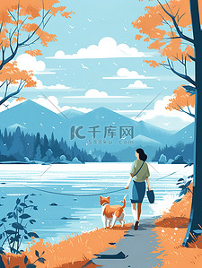 湖边散步插画图片_女人和狗在湖边散步插图4