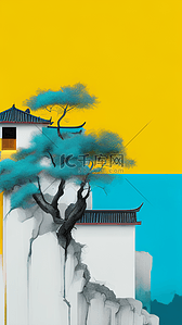 色拼插画图片_绿松石与柠檬黄配色国风中式庭院风景