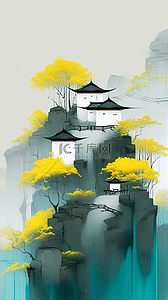 色拼插画图片_
国风绿松石与柠檬黄配色中式庭院风景