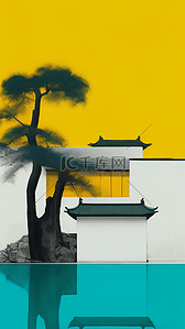 撞色插画图片_绿松石与柠檬黄配色国风中式庭院风景
