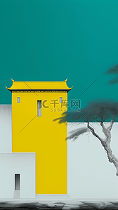 拼色插画图片_绿松石与柠檬黄配色国风中式庭院风景