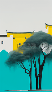 简约撞色插画图片_绿松石与柠檬黄配色国风中式庭院风景