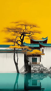 拼色插画图片_
国风绿松石与柠檬黄配色中式庭院风景