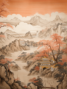 1质感插画图片_国潮复古壁画质感中国山水插画1