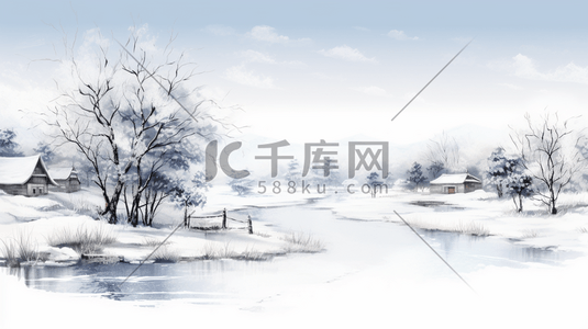 雪地古风插画图片_手绘古风冬季山水水墨插画4