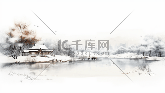 雪地古风插画图片_手绘古风冬季山水水墨插画7