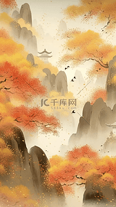 中式水墨山插画图片_橙红色秋天山水中国风秋天山水