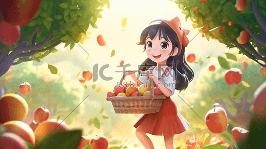 苹果搜索插画图片_手绘摘苹果的小女孩插画