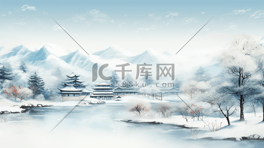 冬季雪松插画图片_手绘古风冬季山水水墨插画2