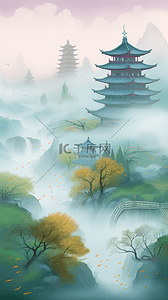 国潮中国风点彩中式青山园林景观