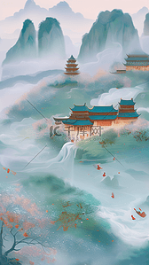 中国风景观插画图片_国潮中国风点彩中式青山园林景观