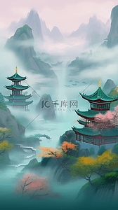 中国风景观插画图片_国潮中国风点彩中式青山园林景观