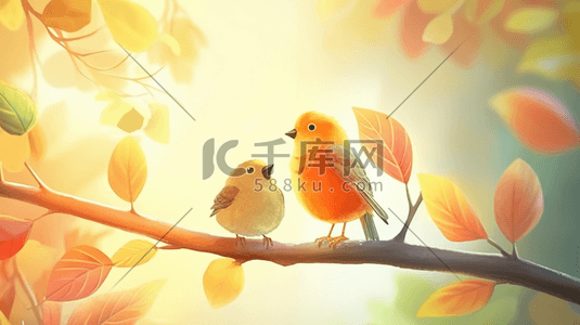 秋天树枝上的小鸟温馨插画