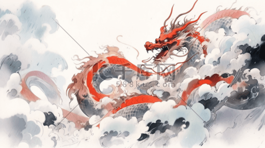 中国水墨中国龙插画图片_盘旋在云端的中国龙