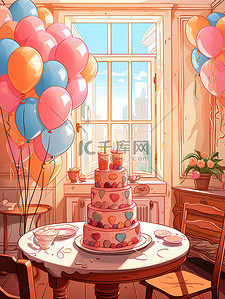 喜庆绘插画图片_桌子上的生日蛋糕生日派对20