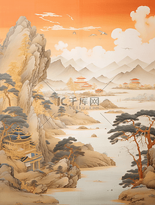 水墨湖泊插画图片_手绘唯美山水楼阁水墨插画5