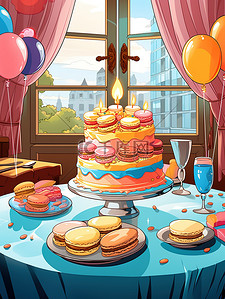 喜庆绘插画图片_桌子上的生日蛋糕生日派对9