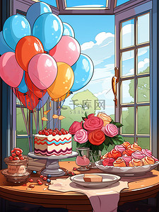 喜庆绘插画图片_桌子上的生日蛋糕生日派对10