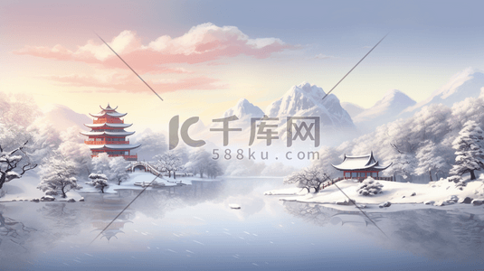 手绘冬天山水雪景插画5