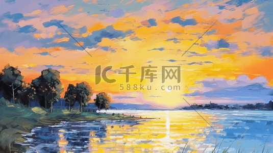 海岸插画图片_明黄水彩海岸秋天风景秋日夕阳彩霞