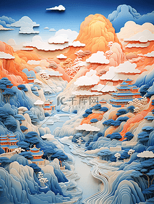 剪纸风祥云插画图片_彩色剪纸风中国古典风景插画22