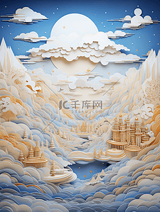 彩色剪纸风中国古典风景插画10