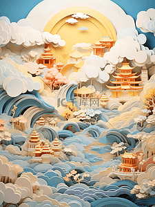 彩色剪纸风中国古典风景插画6