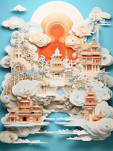 彩色剪纸风中国古典风景插画3