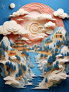 彩色剪纸风中国古典风景插画12