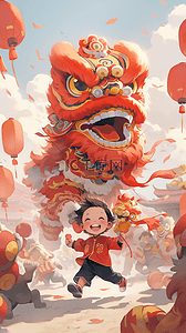中国风新年手绘舞狮插画