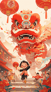 是k插画图片_中国风新年舞狮手绘插画