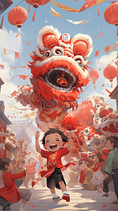 中国风新年插画舞狮手绘