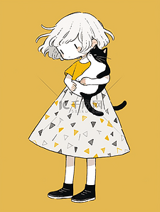 卡通可爱手帐风小女孩和她的小猫咪