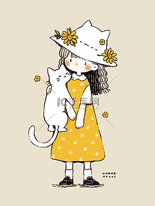 手写数字9插画图片_卡通可爱手帐风小女孩和她的小猫咪