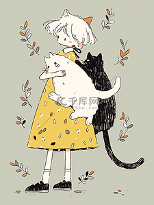 卡通萌萌的插画图片_卡通可爱手帐风小女孩和她的小猫咪