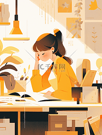 黄色坐在书桌旁读书的女孩插画33