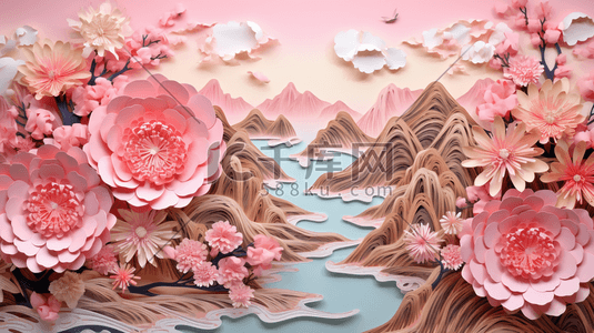 彩色剪纸风花团锦簇的花朵插画18