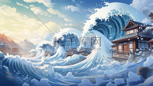 艺术浪花插画图片_海啸自然灾害插画15