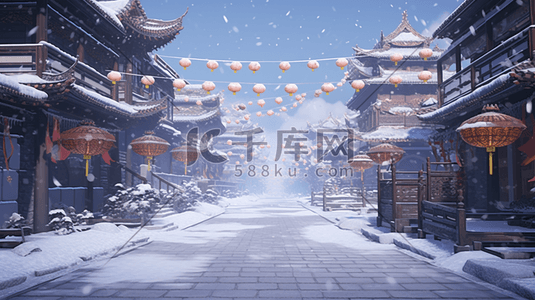 中国风建筑插图插画图片_中国风古建筑大街冬季雪景插图9