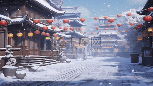中国风古建筑大街冬季雪景插图17